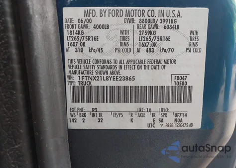 2000 Ford F-250 Lariat/Xl/Xlt из США, поврежденный, VIN 1FTNX21L8YEE23865